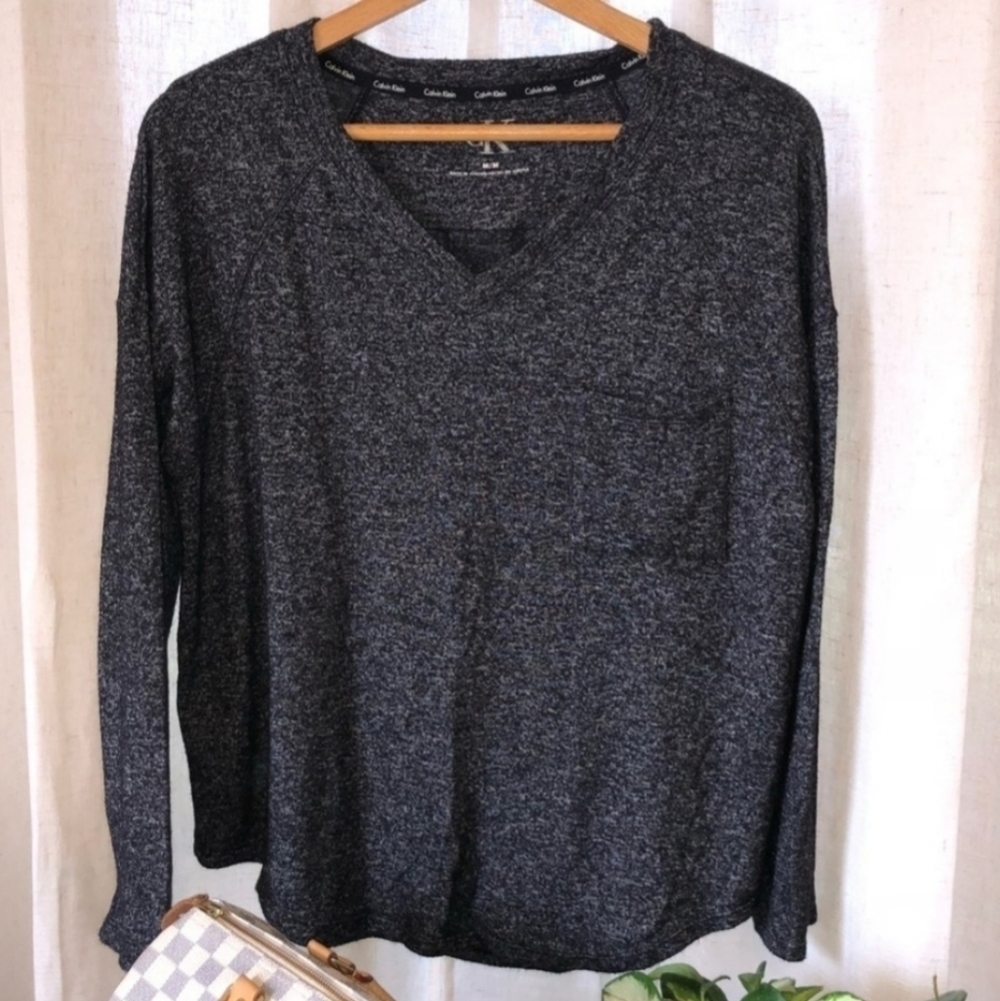 Calvin Klein Heathered Black Long Sleeve Shirt W Pocket Women's Small S Sweater